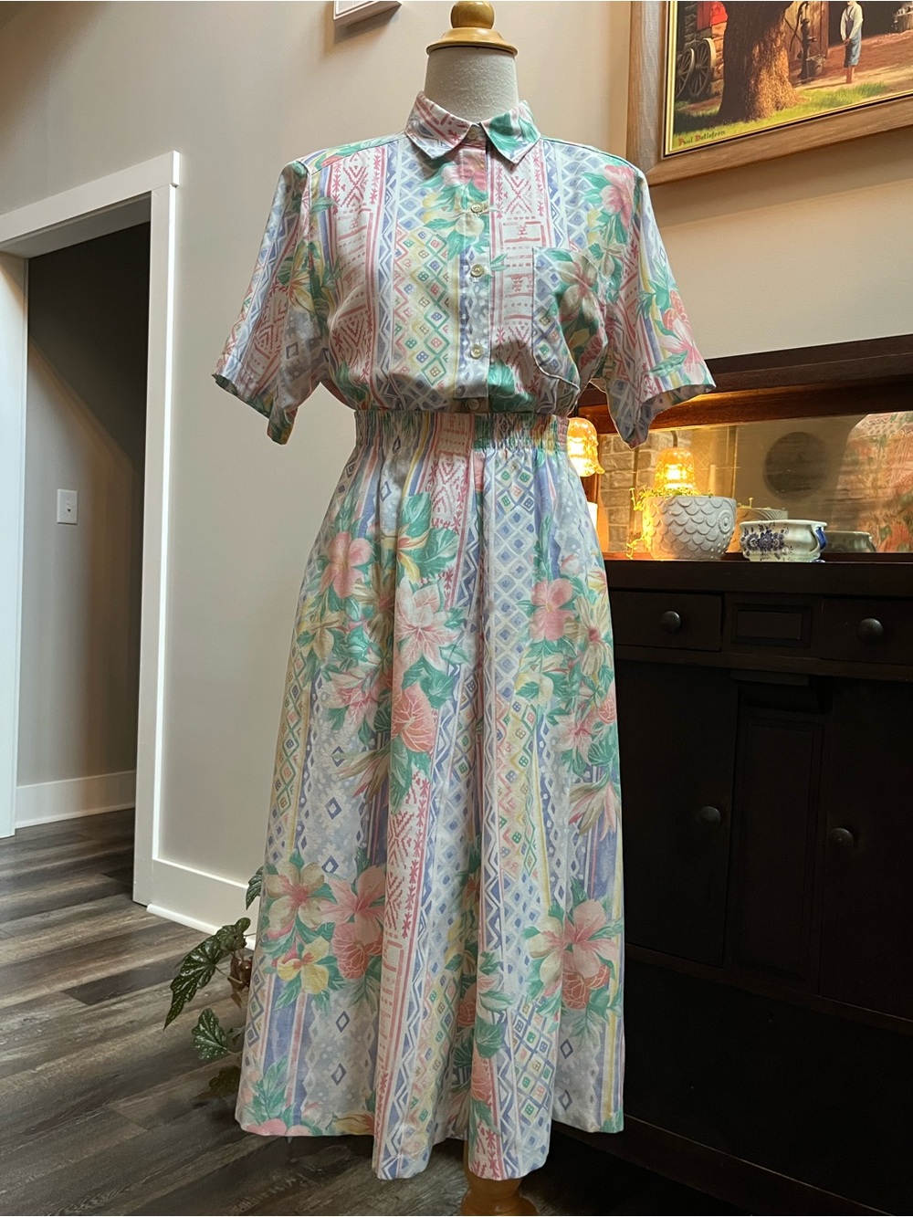 1980s Alfred Dunner Tropical Hibiscus & Southwest Pastel Two-Piece Set